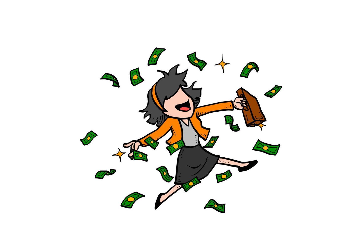 glückliche Geschäftsfrau, die unter fliegendem Geld tanzt. Konzept der finanziellen Freiheit. Cartoon-Vektor-Design auf isoliertem Hintergrund vektor