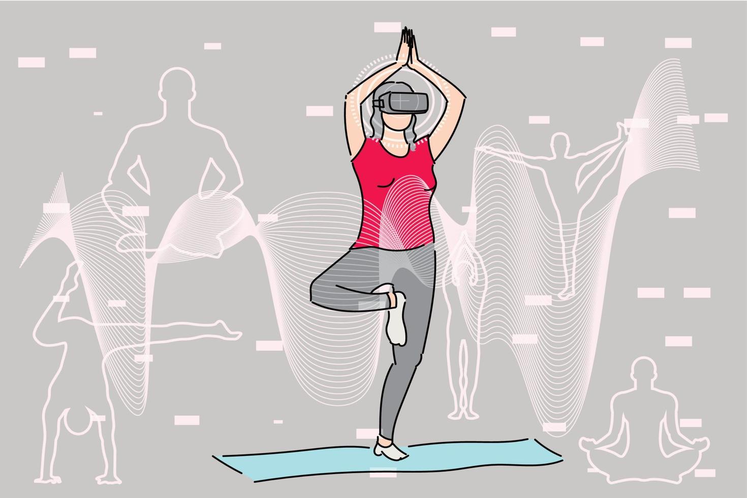 Gesunde Frau, die auf einer Yogamatte in der Welt der virtuellen Realität trainiert. flache Designillustration vektor