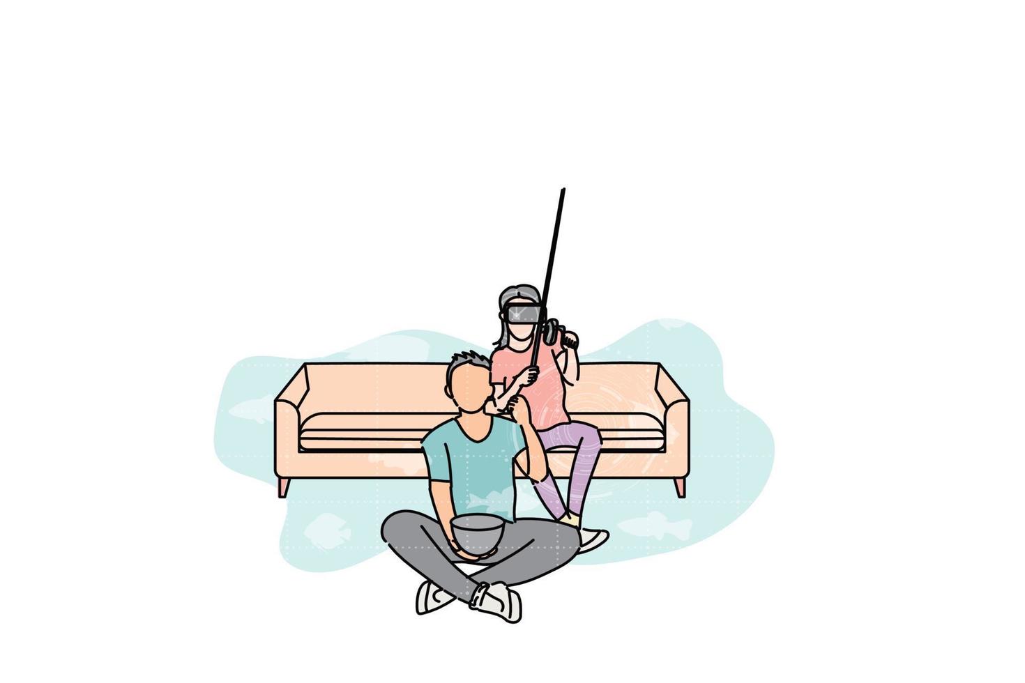 ungt och lyckligt par som spelar vr-spel tillsammans. spelar virtuellt fiskespel. vektor illustration design