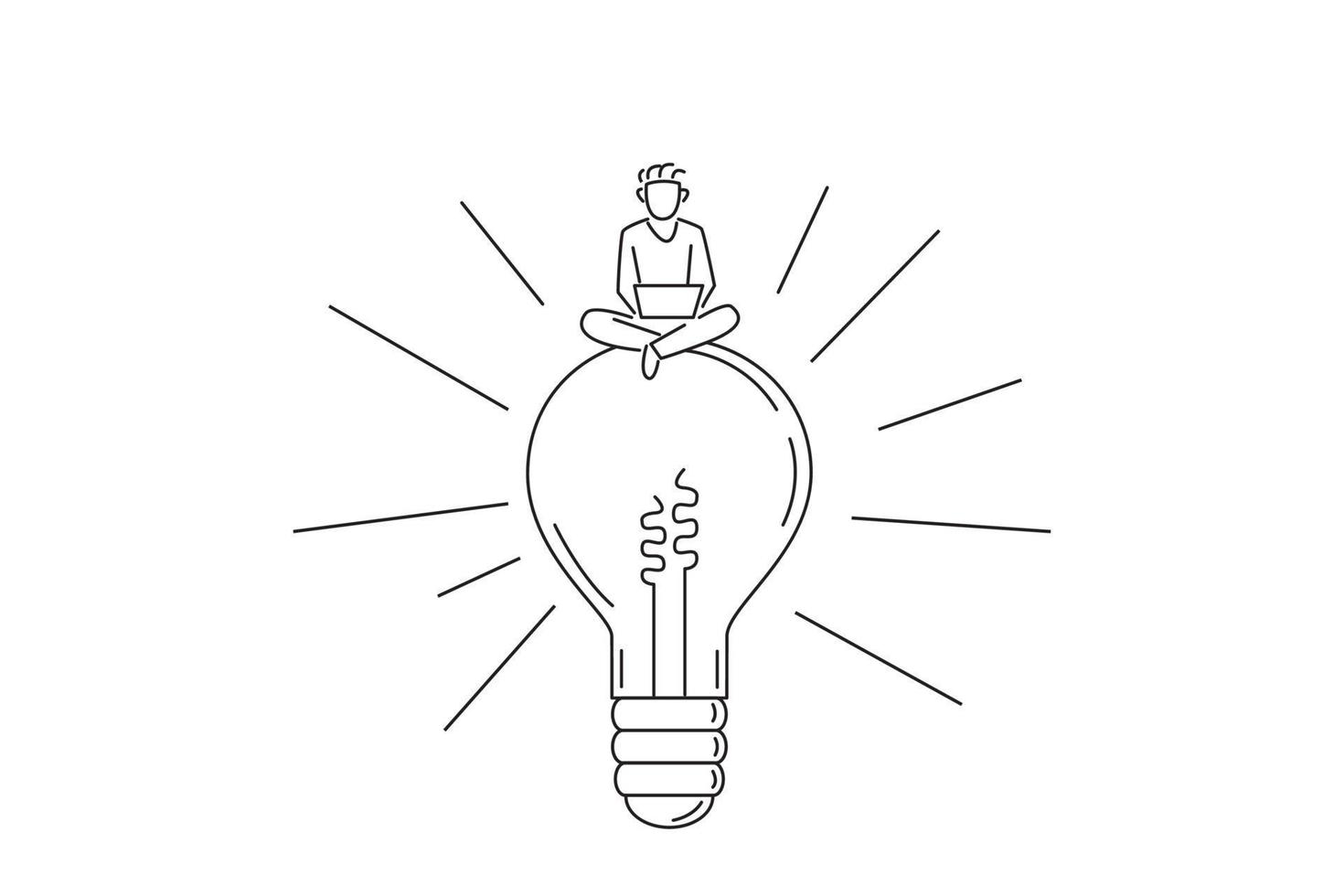 illustration av entreprenörslösning, kreativ idé för att lösa arbetsproblem, framgång upptäcka nytt innovationskoncept, smart affärsman som arbetar med en bärbar dator på en ljus glödlampa idé. vektor
