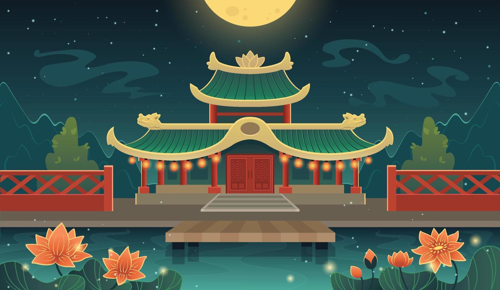 kinesiskt slott illustration. japansk shinto-helgedom på natten. Asain gammal byggnad med lotos damm och berg vektor