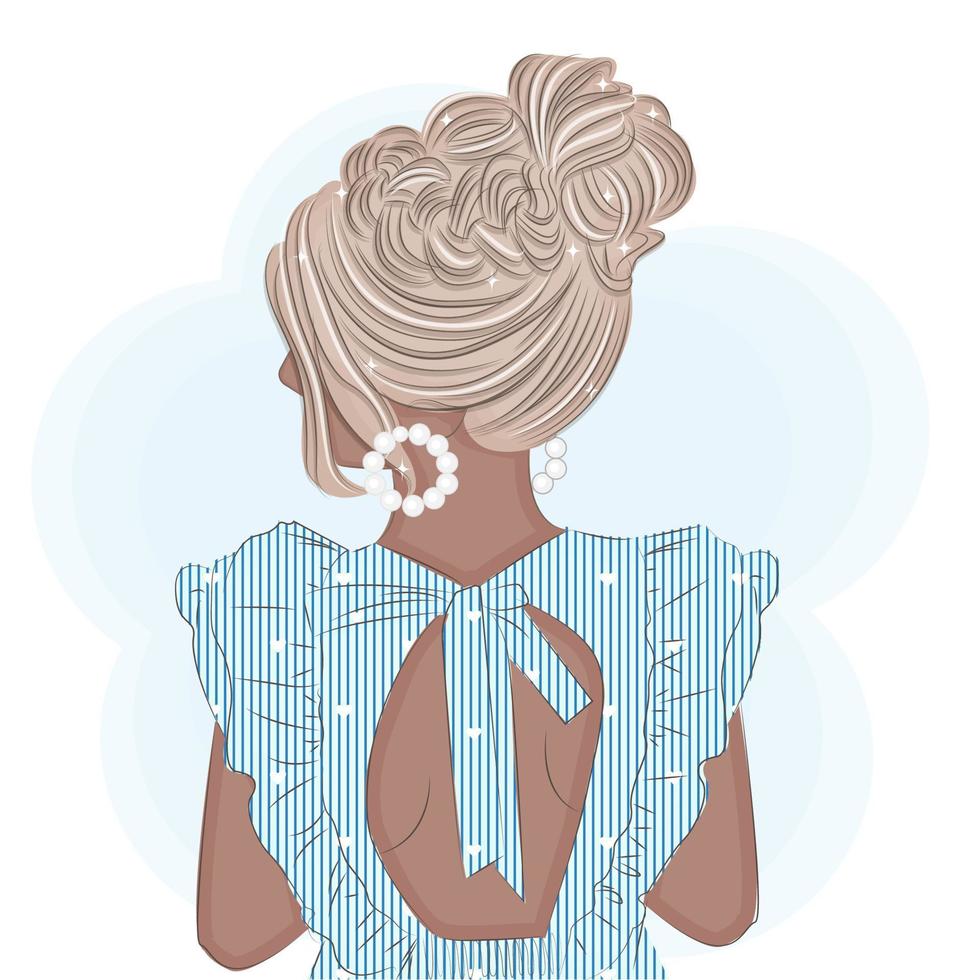 Modische Blondine mit stylischem Haar in einem Sommerkleid, mit niedlichen Ohrringen, Druckmode-Vektorillustration vektor