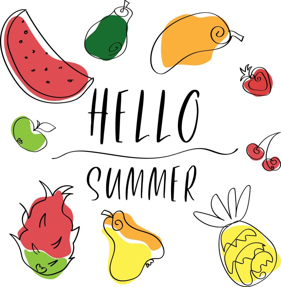 Hallo Sommer bunter Hintergrund mit Doodle-Stil-Früchten vektor