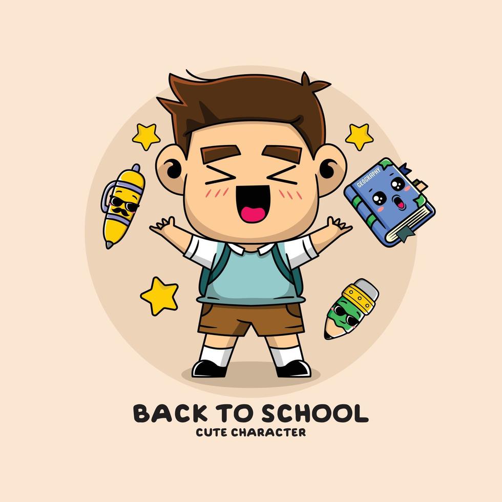vektor illustration av en glad liten pojke på väg att gå till skolan