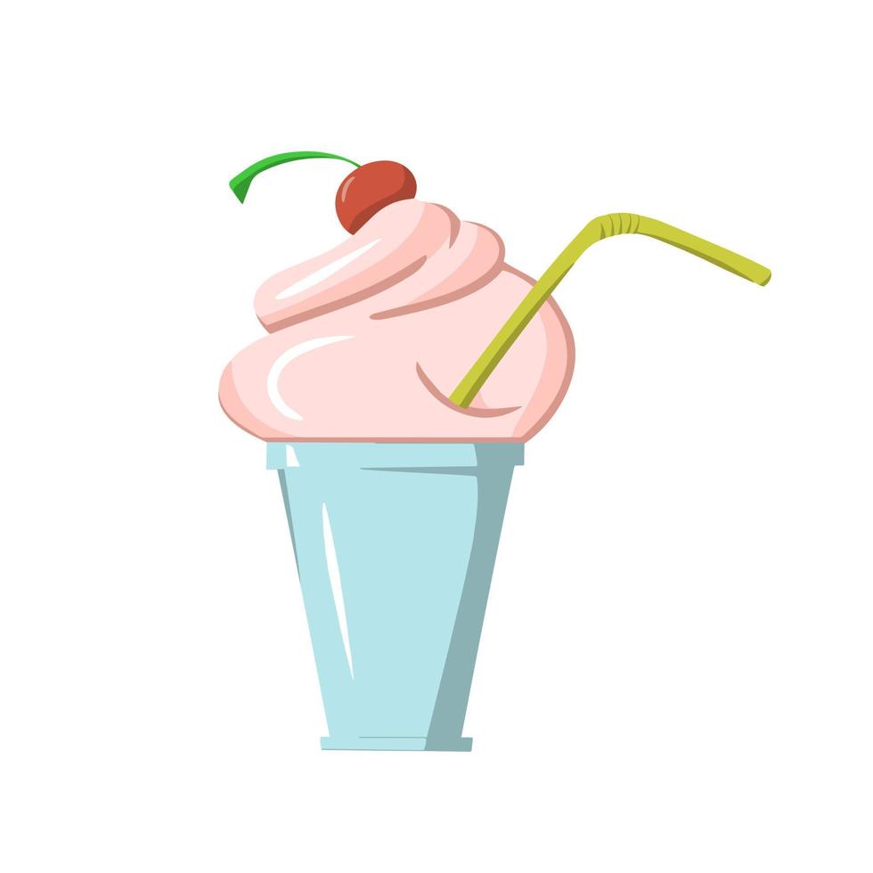 milkshake med körsbär och delikat grädde, kall glass i en kopp, vektorillustration i platt stil på en vit bakgrund vektor