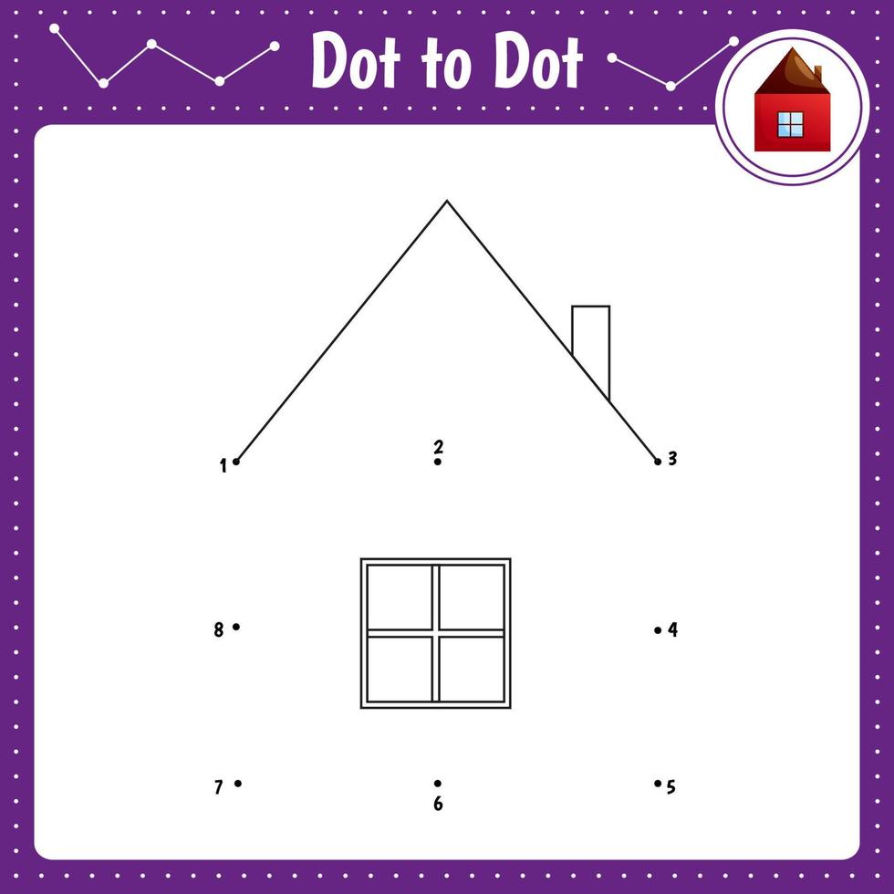 koppla ihop prickarna. hus. prick till prick pedagogiskt spel. målarbok för förskolebarn aktivitet kalkylblad. vektor