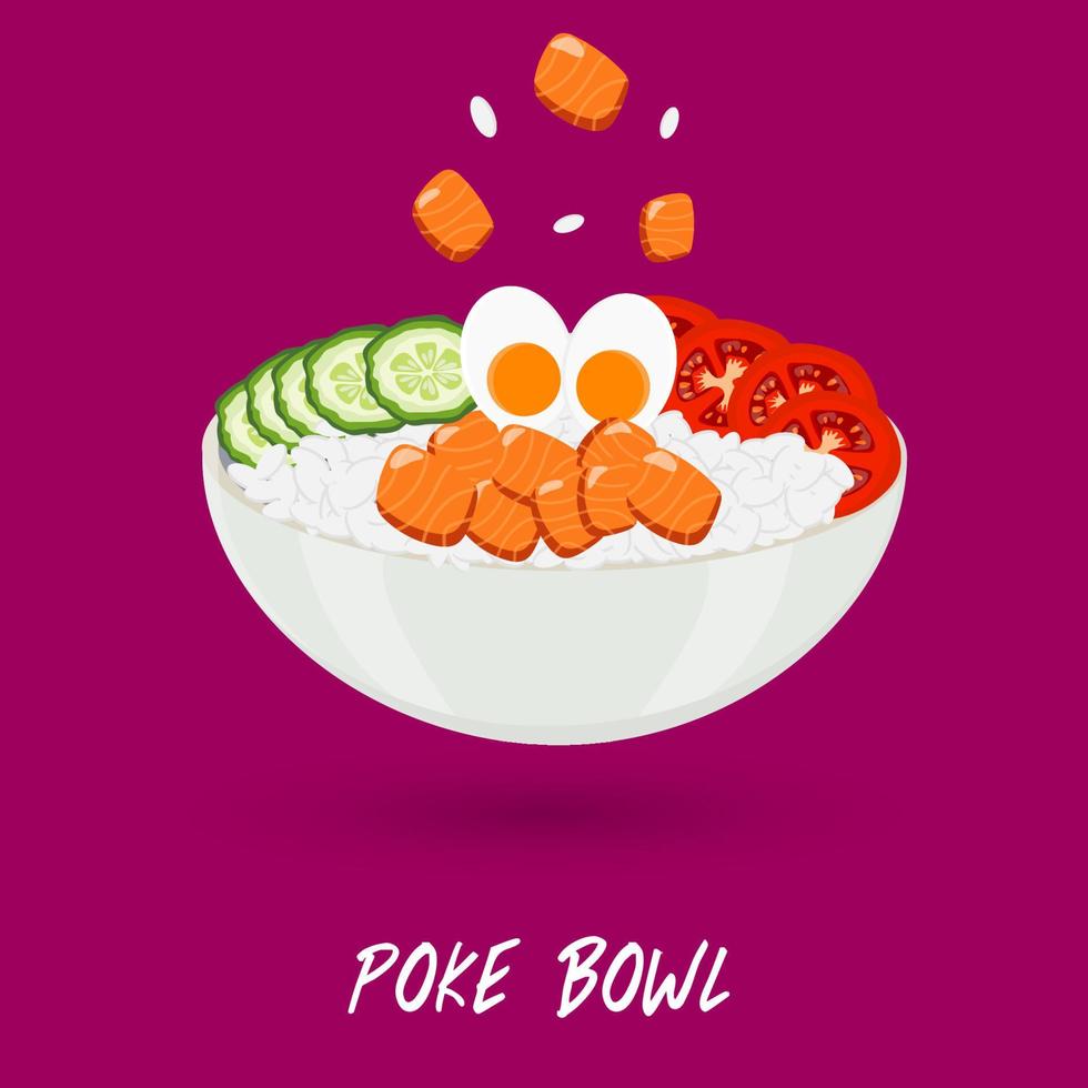 vit rund skål med lax, gurka, ris, ägg och tomat. hälsosam mat. vektor illustration