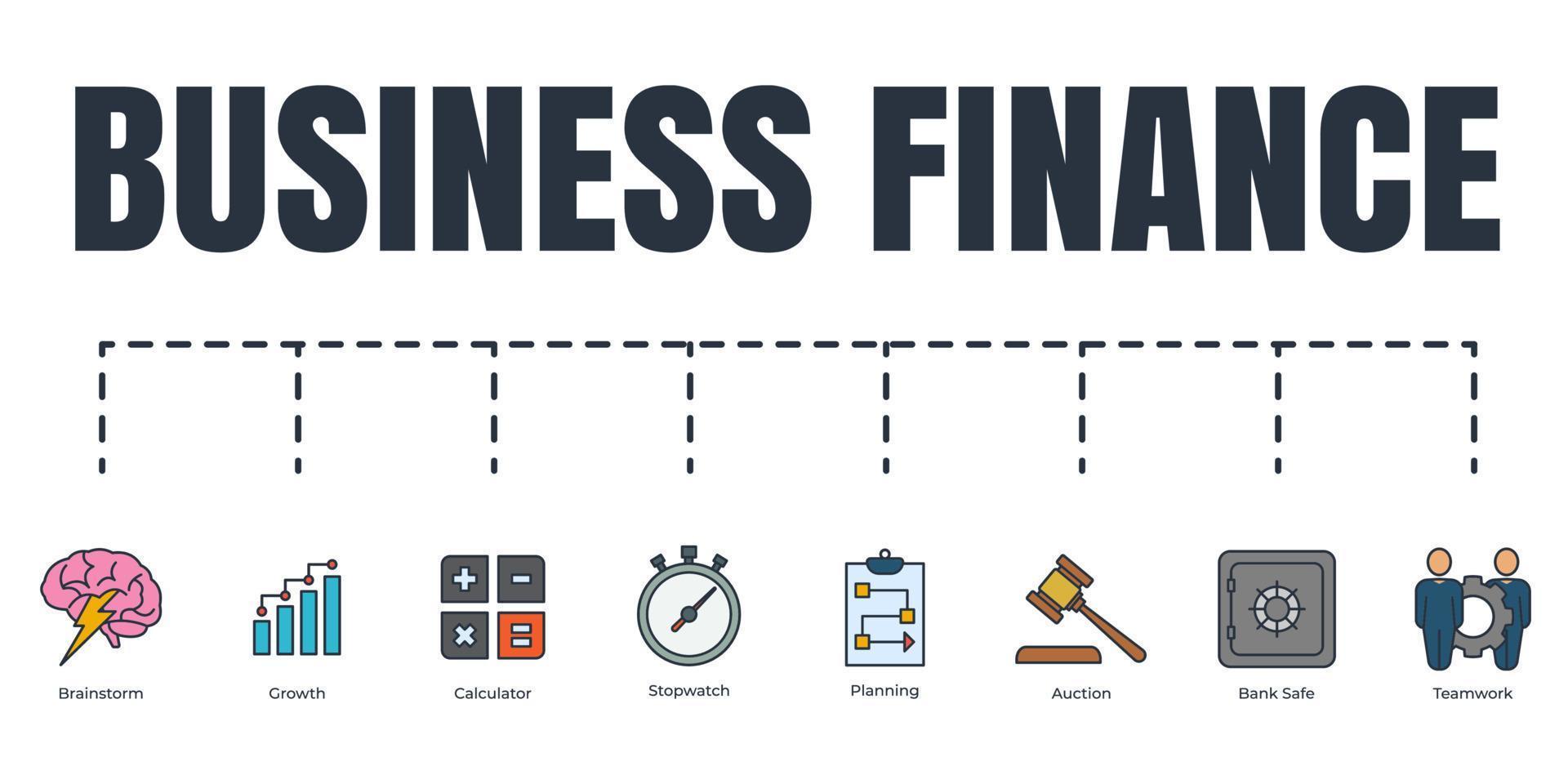 Business Finance Banner Web-Icon-Set. Brainstorming, Wachstum, Taschenrechner, Stoppuhr, Planung, Auktion, Banksafe, Teamwork-Vektorillustrationskonzept. vektor