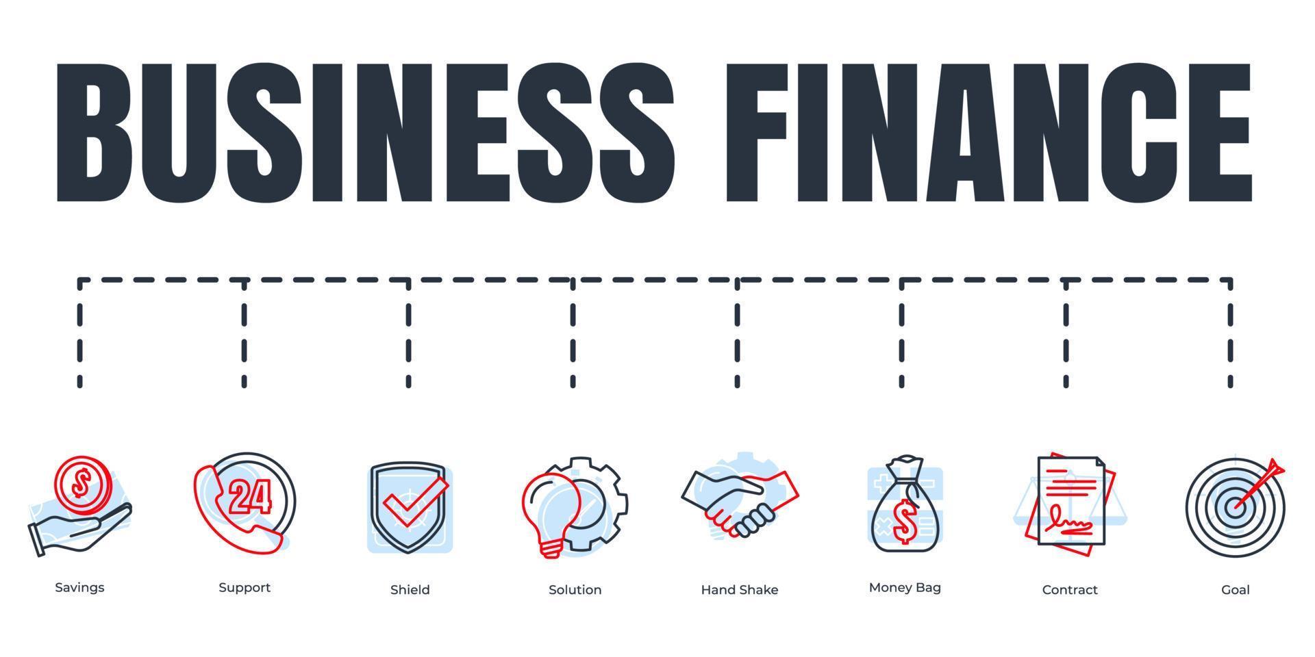 Business Finance Banner Web-Icon-Set. schild, ziel, einsparungen, lösung, geldsack, vertrag, handschlag, unterstützungsvektorillustrationskonzept. vektor