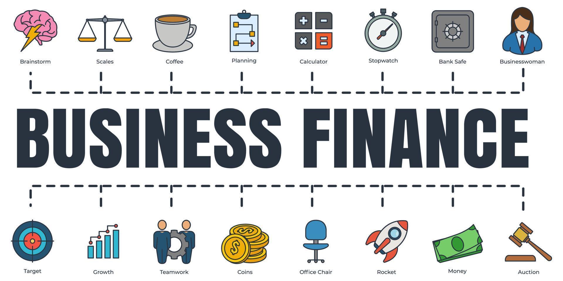 Business Finance Banner Web-Icon-Set. Geschäftsmann, Aktentasche, Tortendiagramm, Präsentation, Suche usw. Vektorillustrationskonzept. vektor