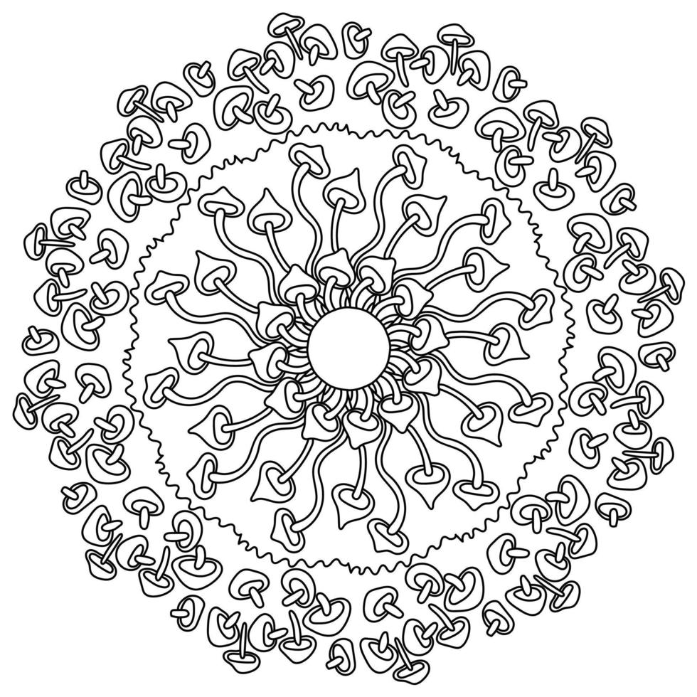 Kontur-Zen-Mandala mit Kappenpilzen, natürliche Elemente in einem runden Rahmen, Malseite mit Doodle-Pilz vektor