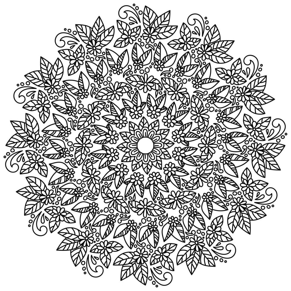 Kontur-Zen-Mandala aus Doodle-Blumen mit Blättern und kleinen dekorativen Elementen, Anti-Stress-Malseite in Form eines runden Blumenrahmens vektor