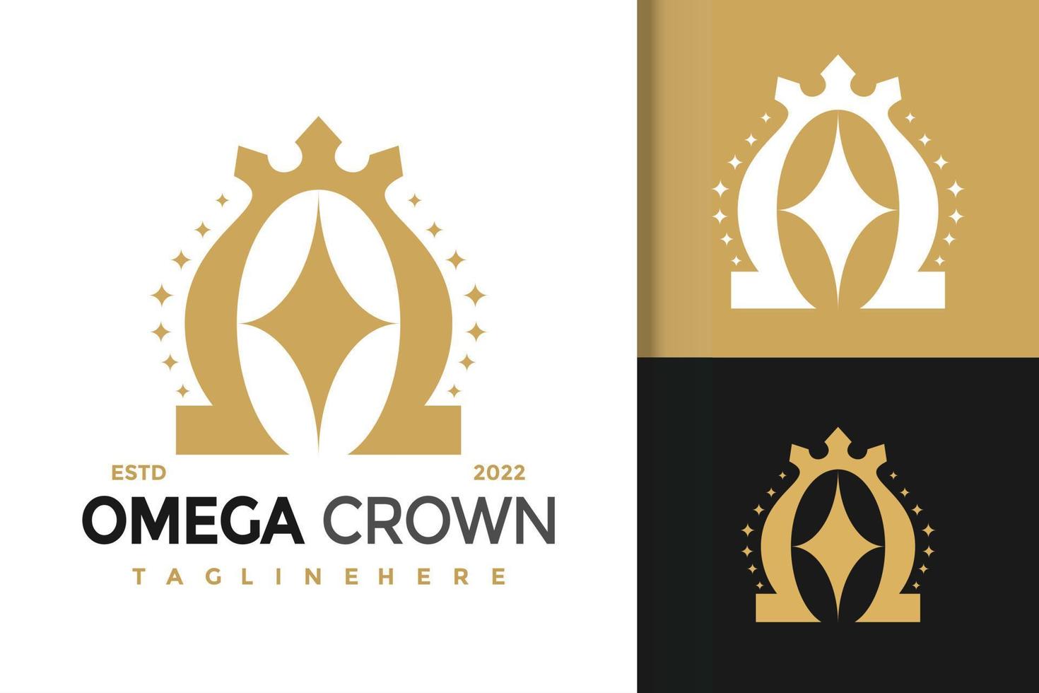 royal omega crown logotyp design, varumärkesidentitet logotyper vektor, modern logotyp, logo design vektor illustration mall