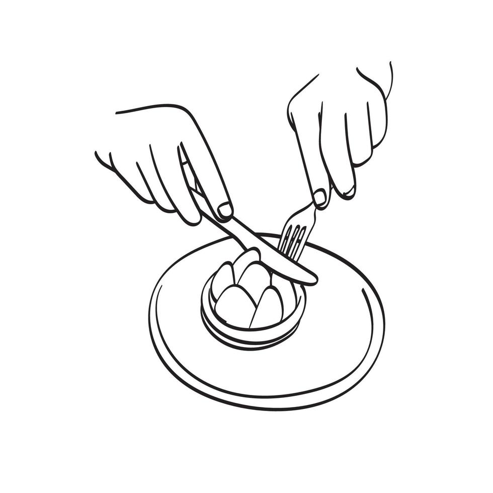 Nahaufnahmehand, die Gabel und Messer verwendet, um Kuchenillustrationsvektorhand zu schneiden lokalisiert auf weißer Hintergrundlinie Kunst gezeichnet. vektor