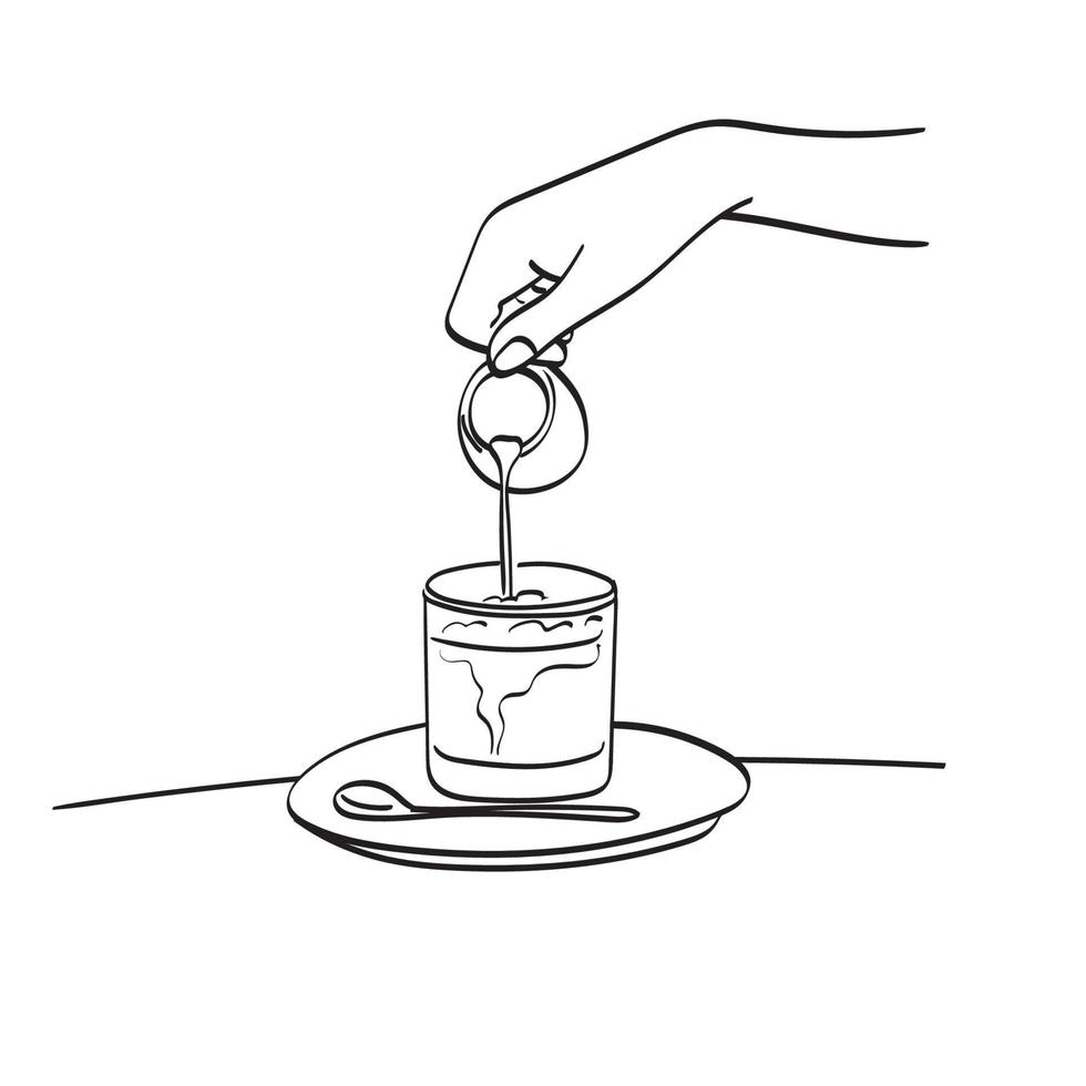 hand häller karamellsirap i iskaffe illustration vektor handritad isolerad på vit bakgrund linjekonst.