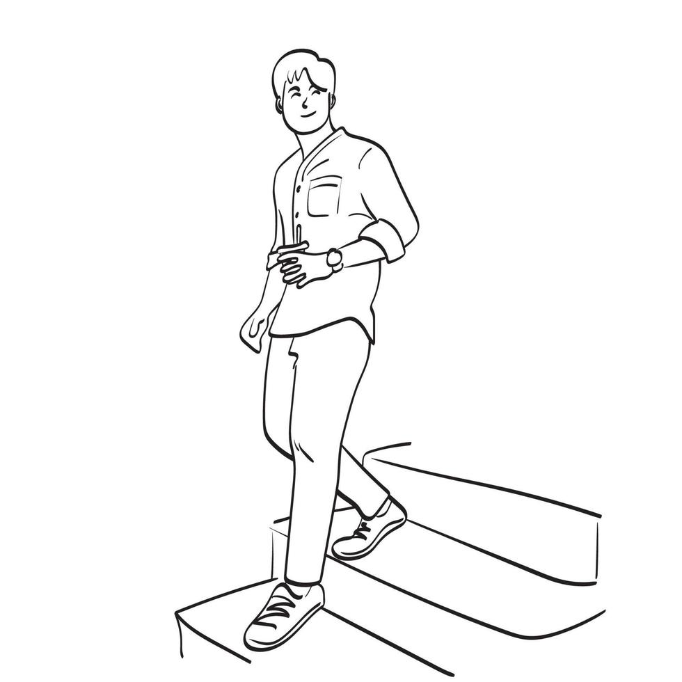 Strichzeichnungen Mann mit Kaffee zum Mitnehmen in der Hand zu Fuß auf Schritte Illustration Vektor handgezeichnet isoliert auf weißem Hintergrund