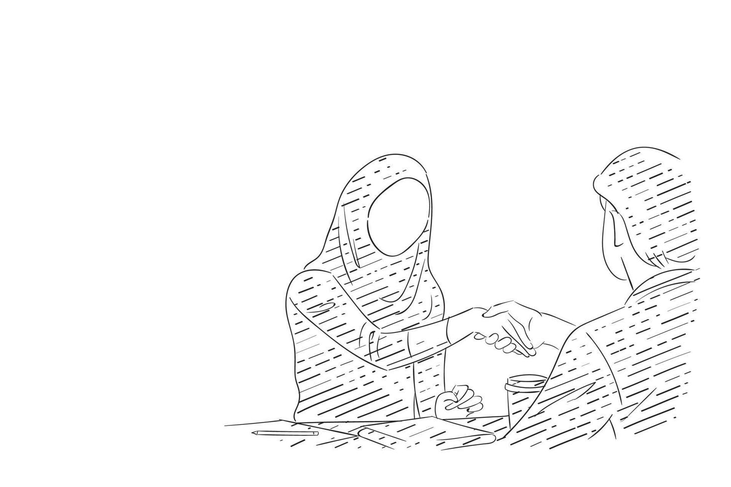 Handschlag einer muslimischen Geschäftsfrau mit einem männlichen Kollegen. hand gezeichnetes vektorillustrationsdesign vektor