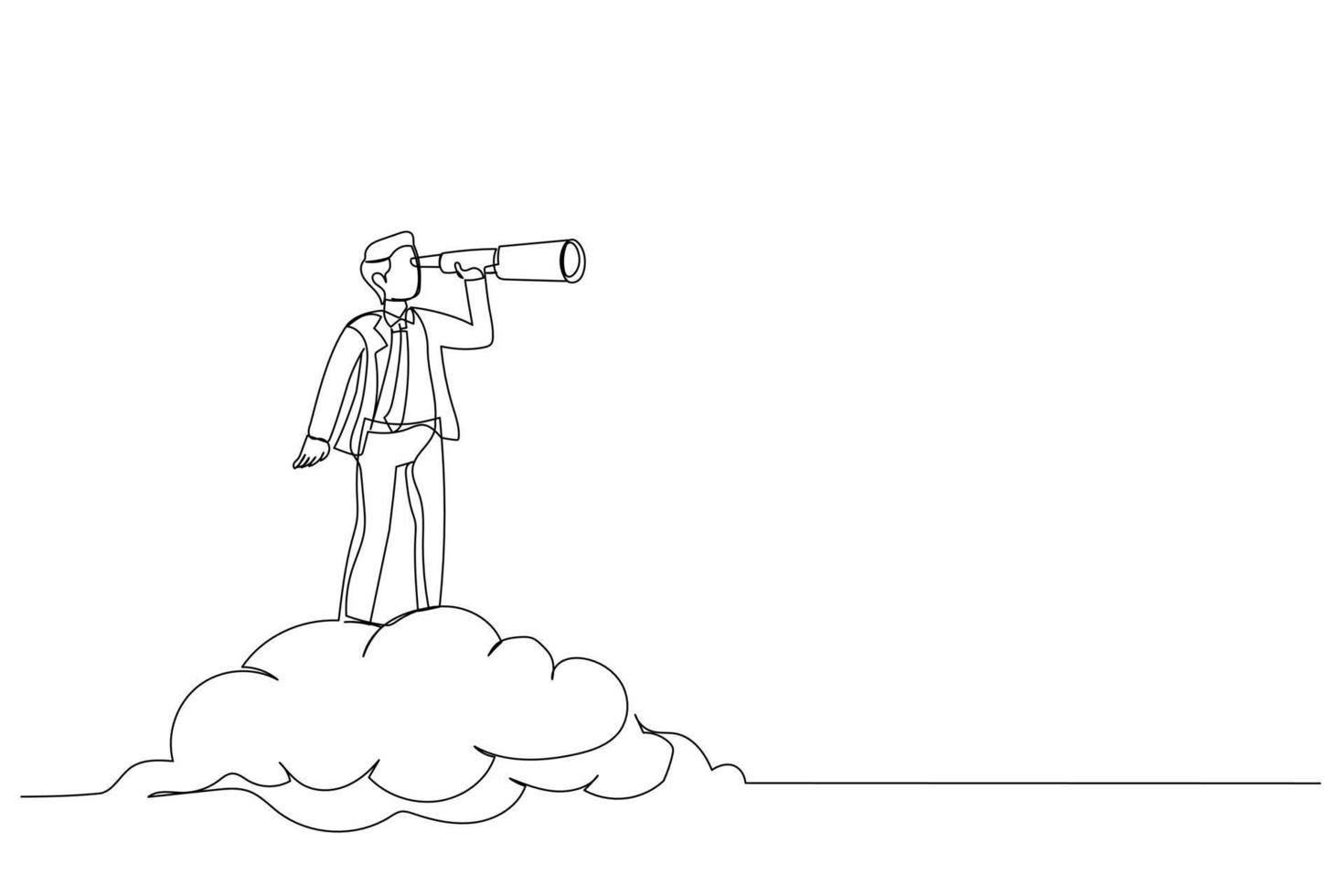 illustration eines geschäftsmannes, der auf einer wolke reitet, die ein teleskop oder ein fernglas hält, um nach einem visionären unternehmen zu suchen. gelegenheit, vision unternehmenszielkonzept. ein Kunststil mit durchgehender Linie vektor