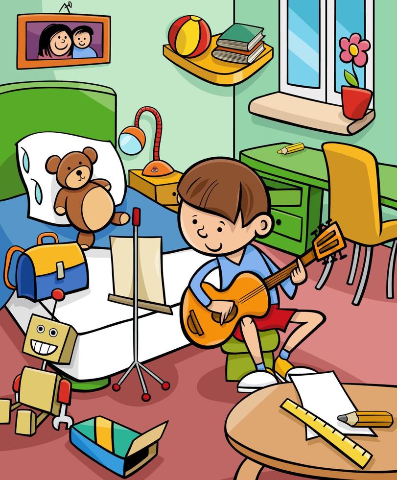 junge, der gitarre in seiner zimmerkarikaturillustration spielt vektor