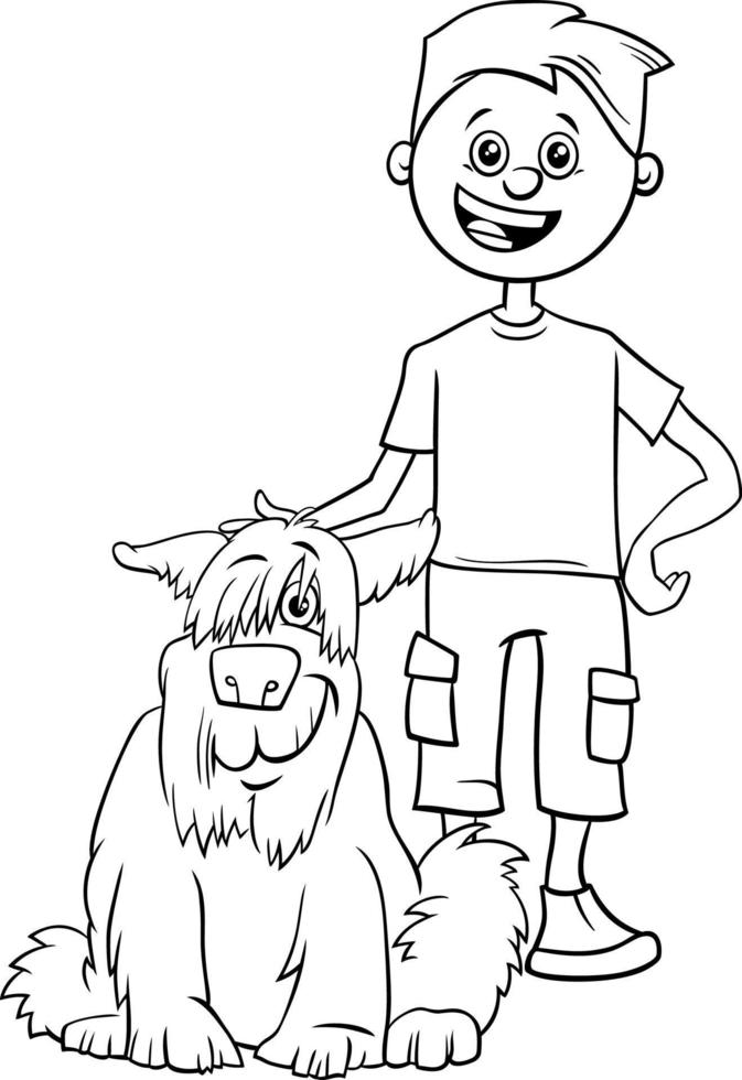 karikaturjungenfigur mit seinem hund zum ausmalen vektor