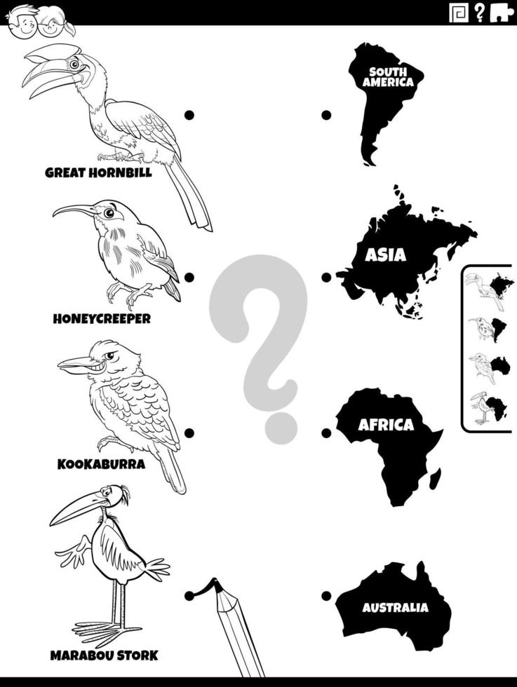 matcha tecknade fåglar och kontinenter uppgift målarbok vektor