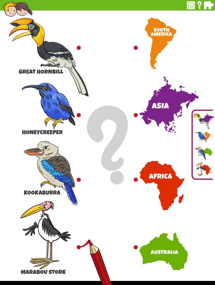 matcha tecknade fågelarter och kontinenter pedagogisk uppgift vektor