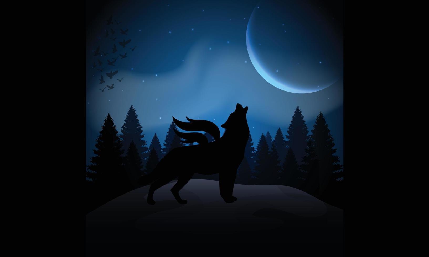 Einsamer Wolf in einem Wald unter dem Vollmond in der blauen Nacht vektor