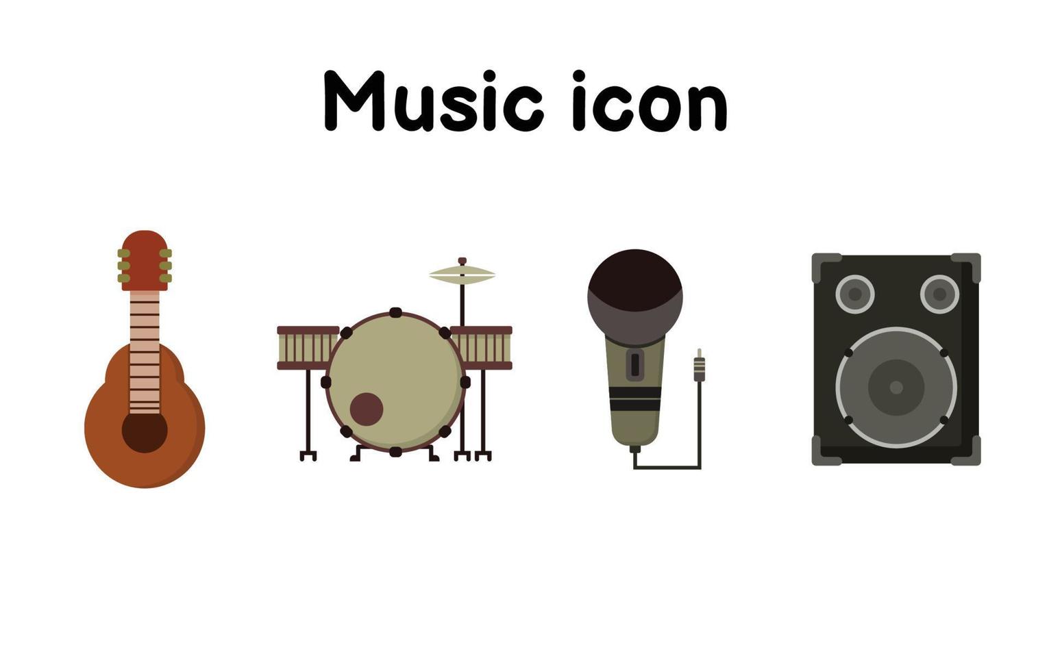 utrustning eller instrument ikon platt stil, vektorillustration, gitarr, trummor, mikrofon och högtalare isolerad på vit bakgrund. vektor