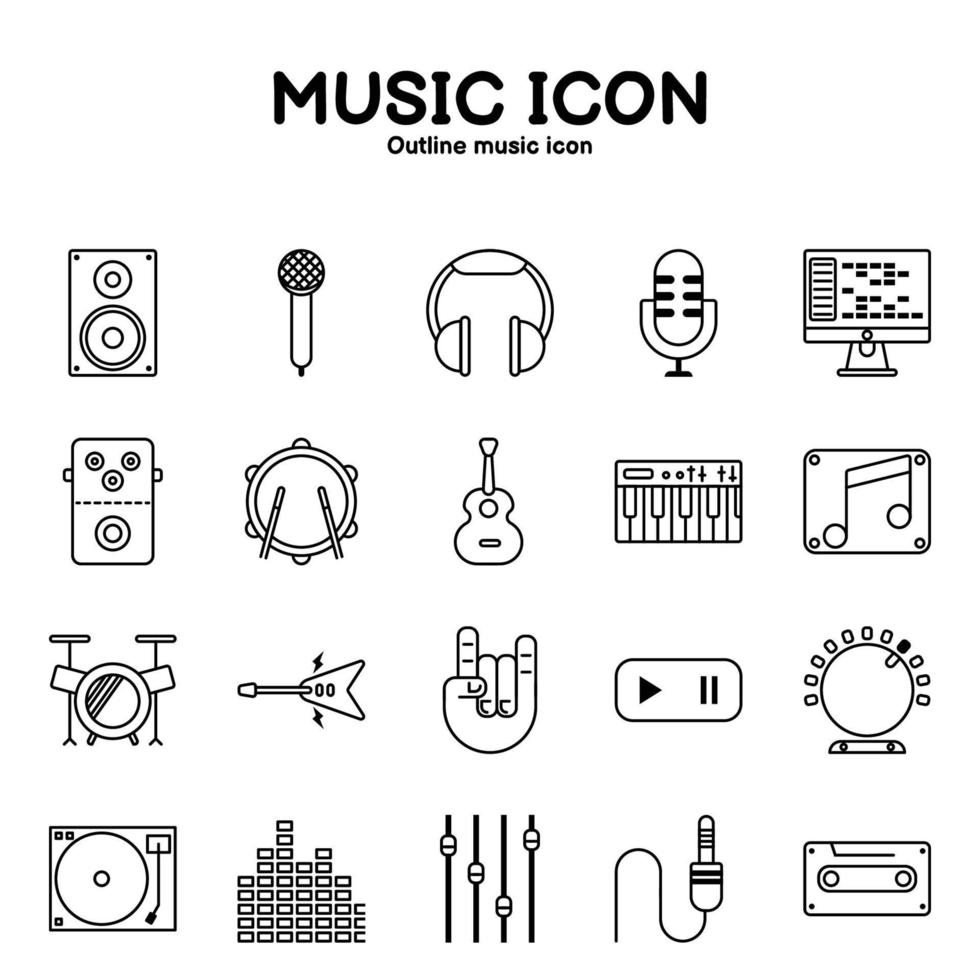 musiksymbolumriss einschließlich musikinstrumente und symbole auf weißem hintergrund vektor