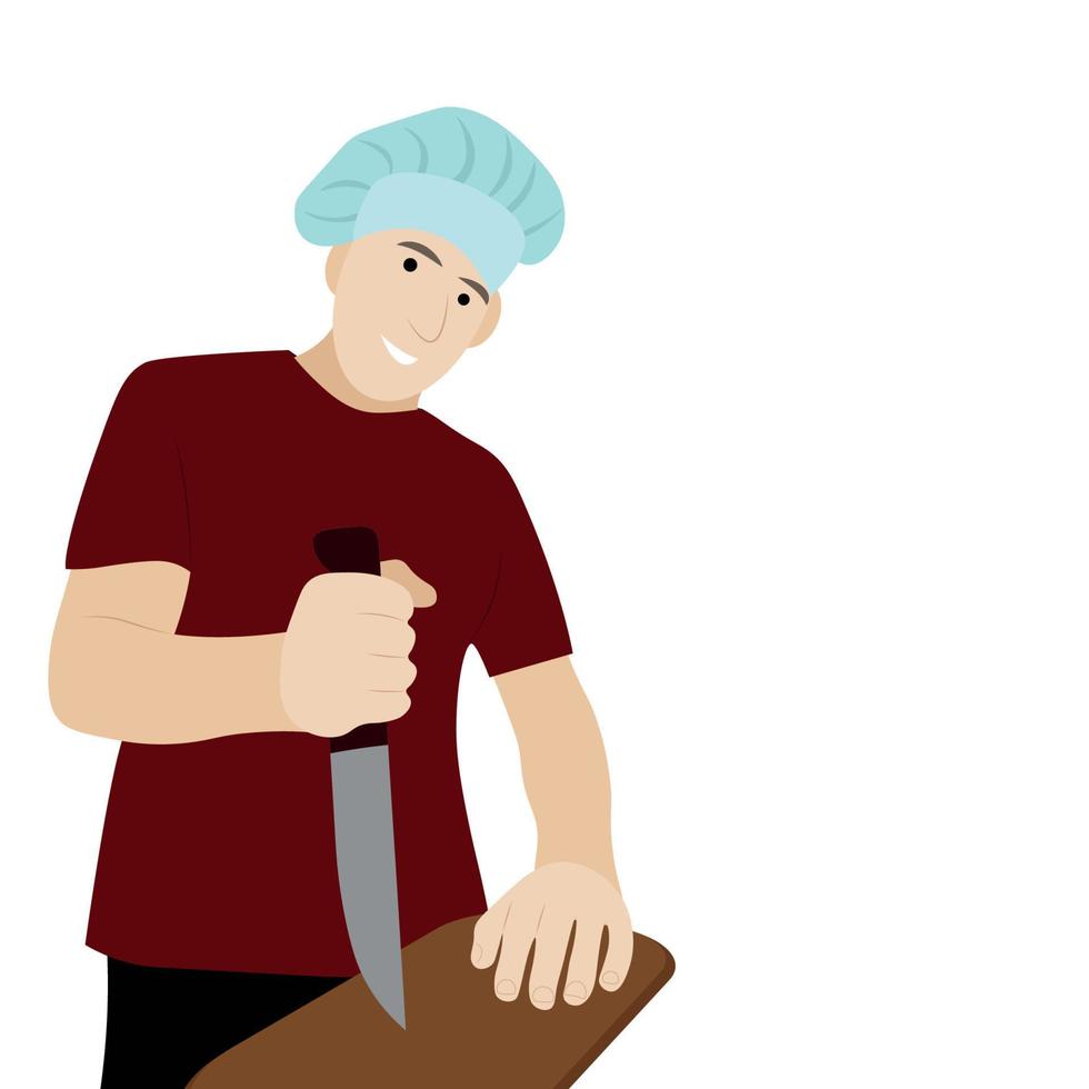 Porträt eines Mannes in einer Kochmütze und mit einem großen Küchenmesser in der Hand, isoliert auf weißem, flachem Vektor, der Typ kocht vektor