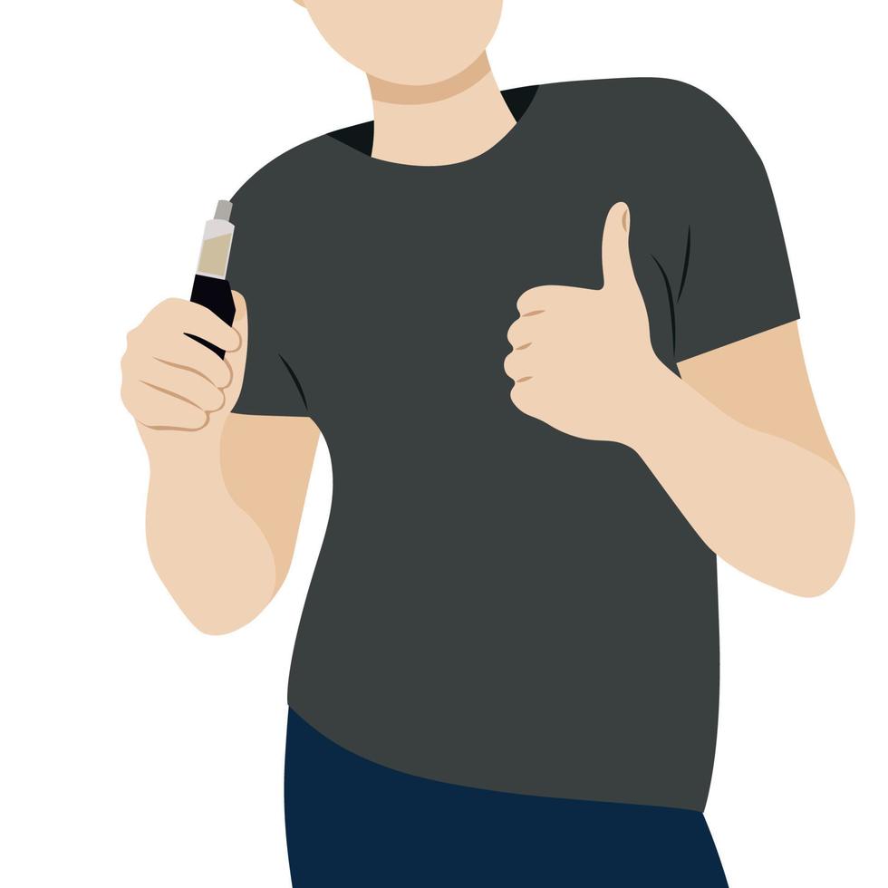 ansiktslöst porträtt av en man med en elektronisk cigarett i handen, en platt vektor på en vit bakgrund, en ansiktslös illustration, tummen upp