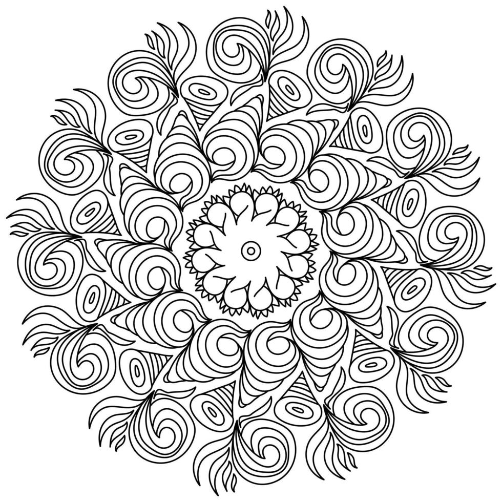 Kontur-Zen-Mandala mit Fantasiemustern in Form von Spiralmuscheln, Anti-Stress-Malseite in Form eines runden Rahmens mit Locken vektor