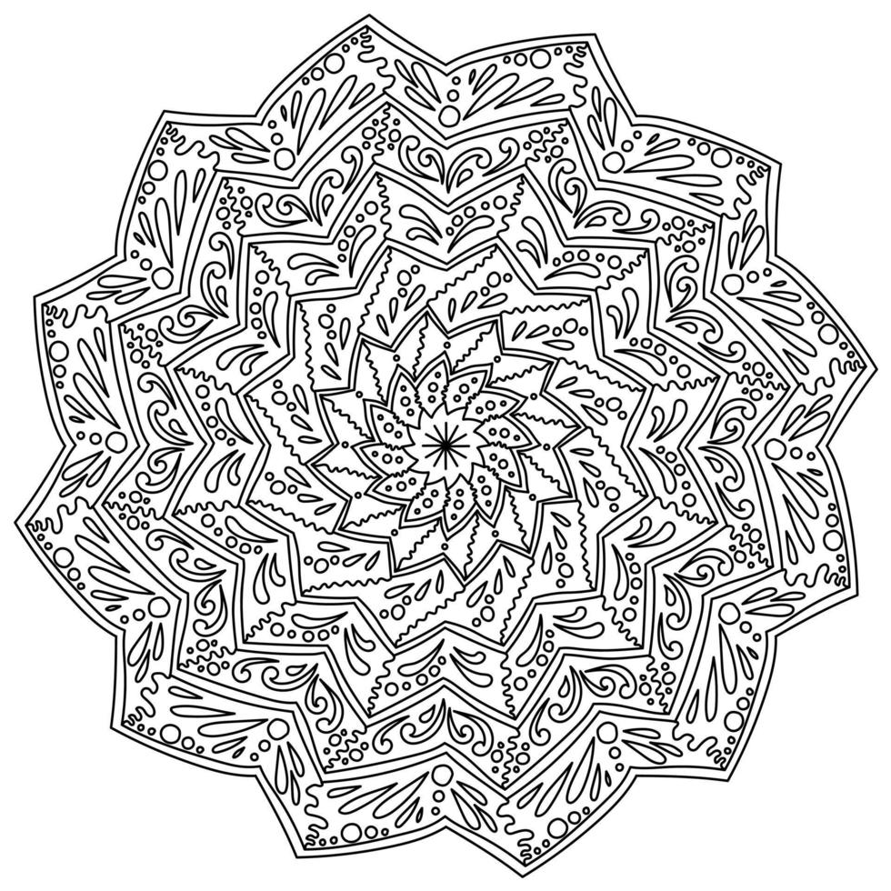 contour doodle mandala med sicksack, vågor och lockar, zen antistress målarbok för vuxna vektor