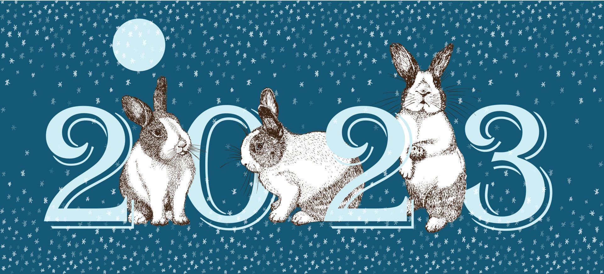 2023 år av hare semester banner vit kanin med svarta fläckar runt ögonen. kinesiska nyårssymbolen. nytt år gratulationskort i blå färg. handritad enaving skiss. vektor