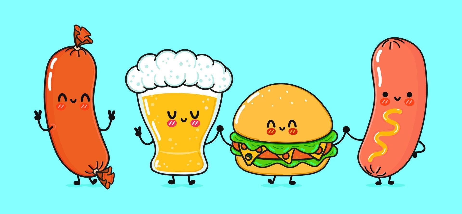 söta, roliga glada glas öl, korv med senap och hamburgare. vektor handritad serie kawaii tecken, illustration ikon. rolig tecknad glas öl, korv senap och hamburgare maskot