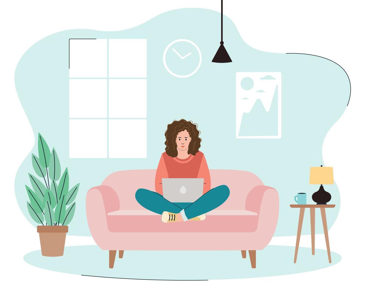 en tjej som sitter i soffan och jobbar eller pluggar hemma. använder laptop. platt stil. vektor illustration.