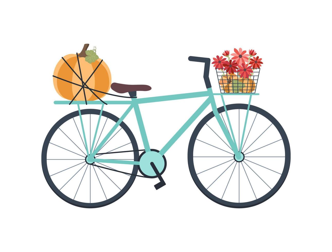 blaues Fahrrad mit Blumen im Mülleimer und Kürbis. Herbstkonzept. blaues Fahrrad mit Kürbissen, Sonnenblumen und Blättern. Hintergrund für Poster, Web, Banner, Flyer, Postkarten vektor