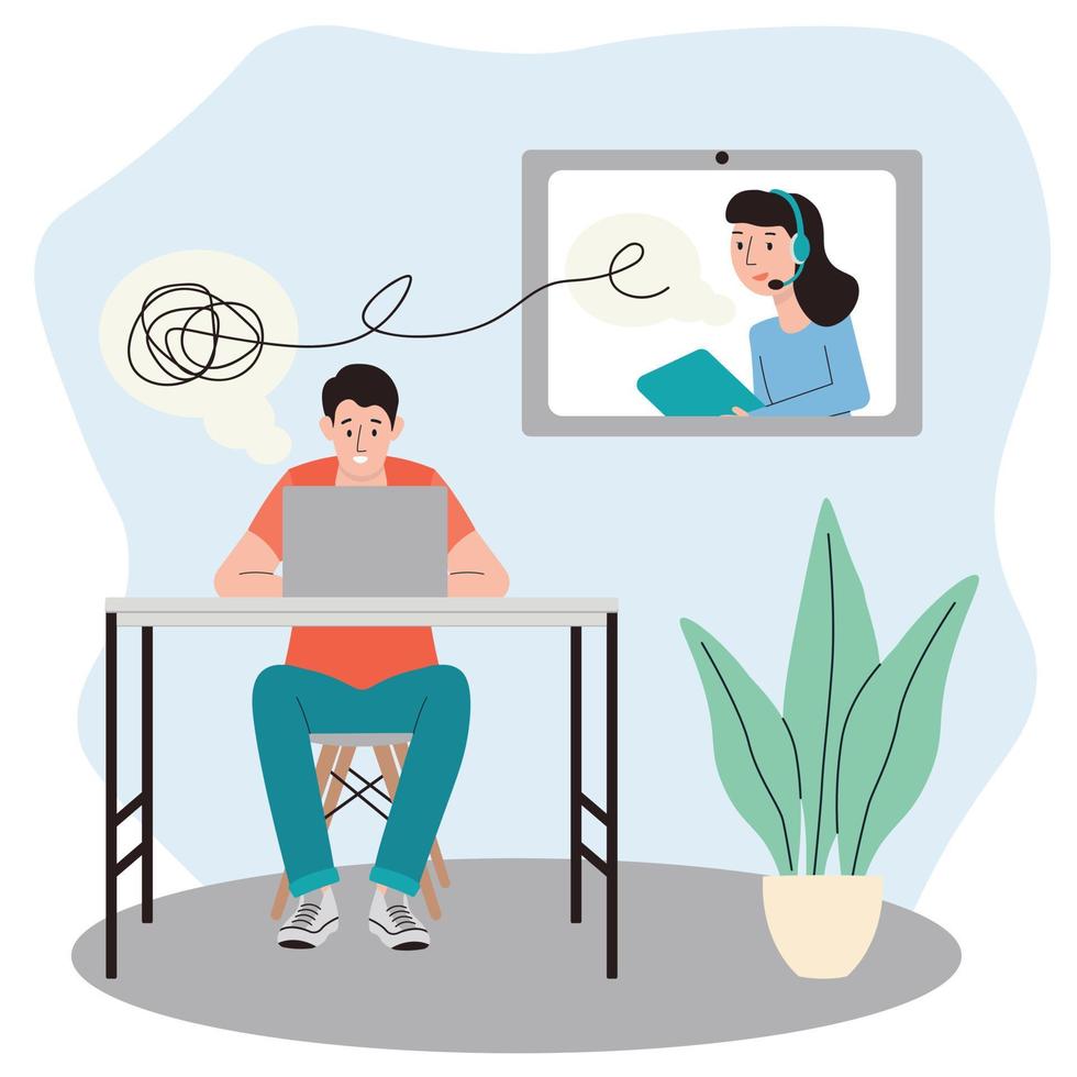 Psychotherapie Sitzung. Patient mit individueller Online-Psychotherapie und Beratung mit Therapeuten. psychische Gesundheit, Gesundheitswesen und Psychologie. psychiatrische Beratung. flacher Stil. vektor