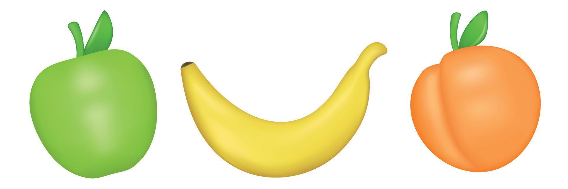 Früchte 3D-Icon-Set isoliert auf weißem Hintergrund. Vektor realistisches Emoji. grüner Apfel, Banane und Pfirsich