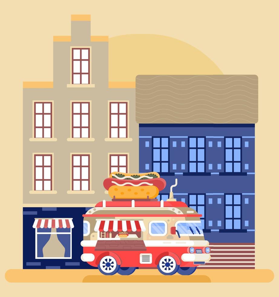 Food-Truck-Vektorkonzept. Auto mit großem Hot Dog. Straßenlastwagen für den Verkauf von Fast Food. Van mit Café-Mahlzeiten vektor