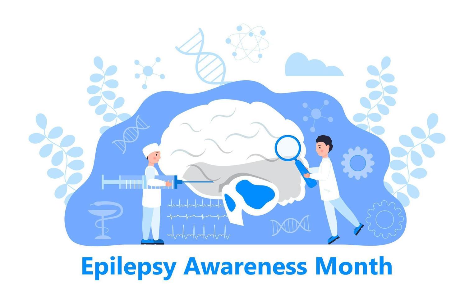 epilepsi medvetenhet månad på november i usa koncept vektor. hjärna, kirurg visas. små läkare behandlar hjärnan. utforskar orsakerna till epilepsi. tecknad koncept vektor för banne