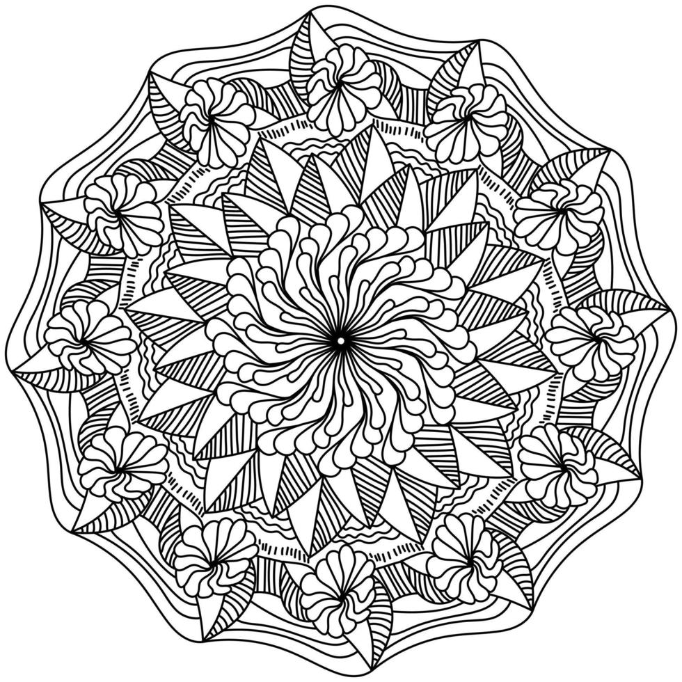 Stilisiertes Zen-Mandala mit floralen Motiven, Doodle-Blumen mit gestreiften Blättern und verzierten Blütenblättern im Kreis, Anti-Stress-Malseite vektor