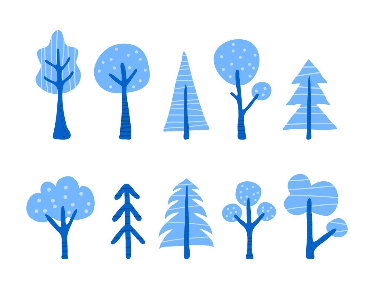 Reihe von bunten Doodle-Bäumen im skandinavischen Stil isoliert auf weißem Hintergrund. perfekt für Kinderdesign. vektor