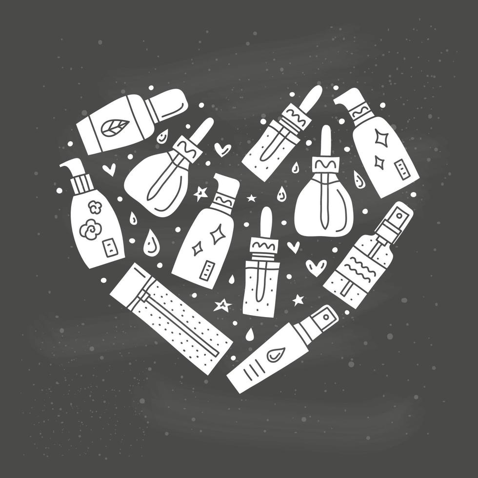 doodle hautpflegeserum, ampulle und essenzflaschen in herzform. vektor