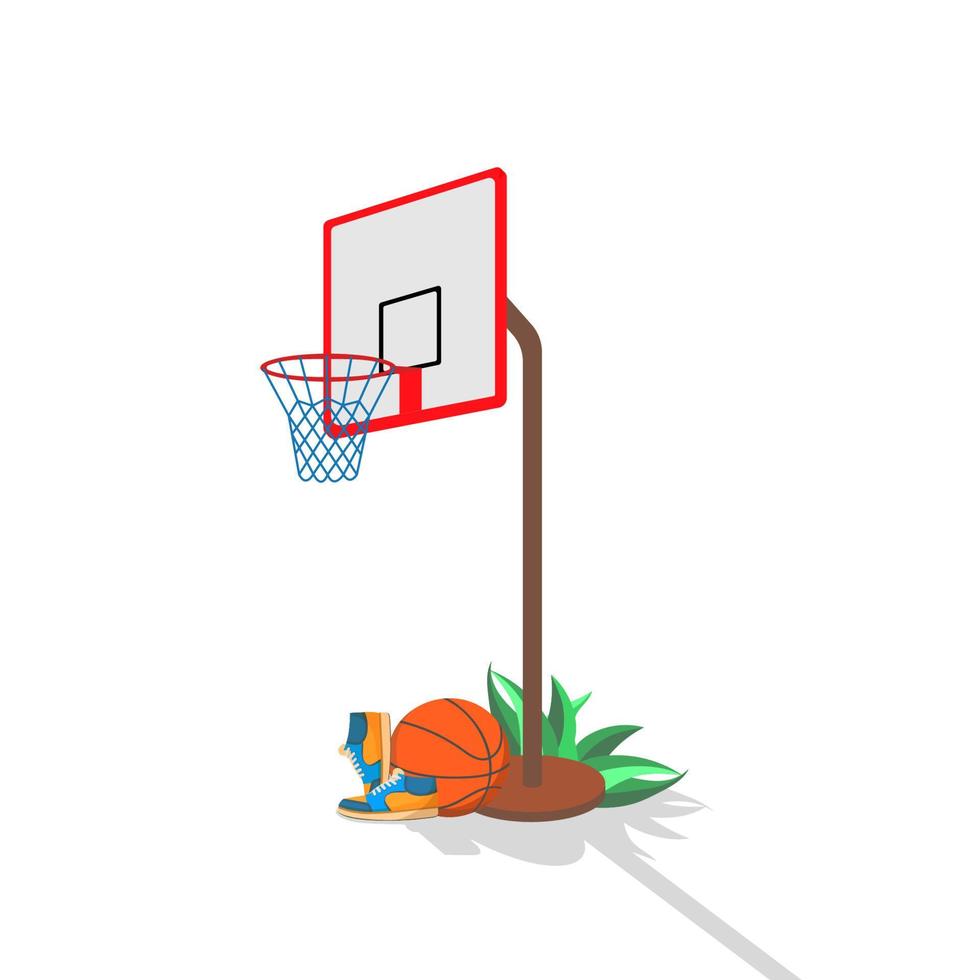 Basketballring mit Ball und Turnschuhen. Vektorbild für die Gestaltung von Flyern, Hintergründen, Covern, Aufklebern, Postern, Bannern, Websites und Seiten. vektor