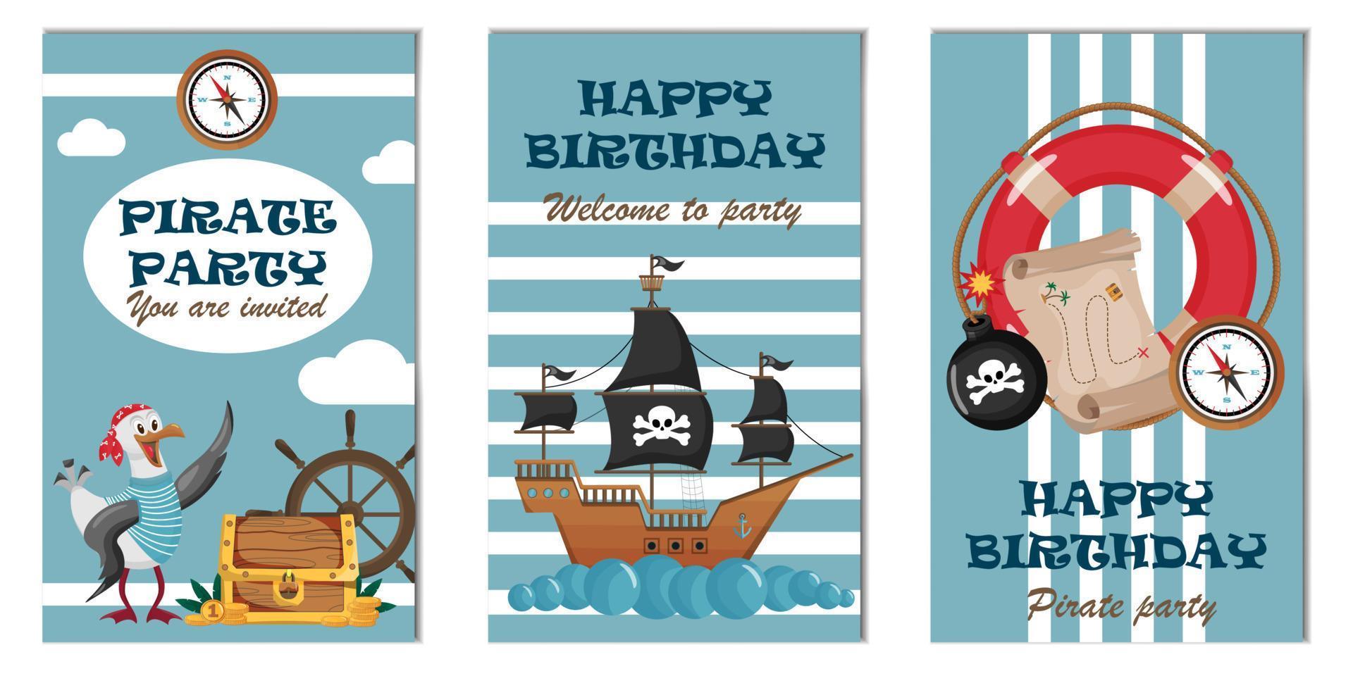 födelsedagsfestinbjudningar för ett piratfest. broschyrer för en piratfödelsedagsfest på en blå bakgrund. vektor