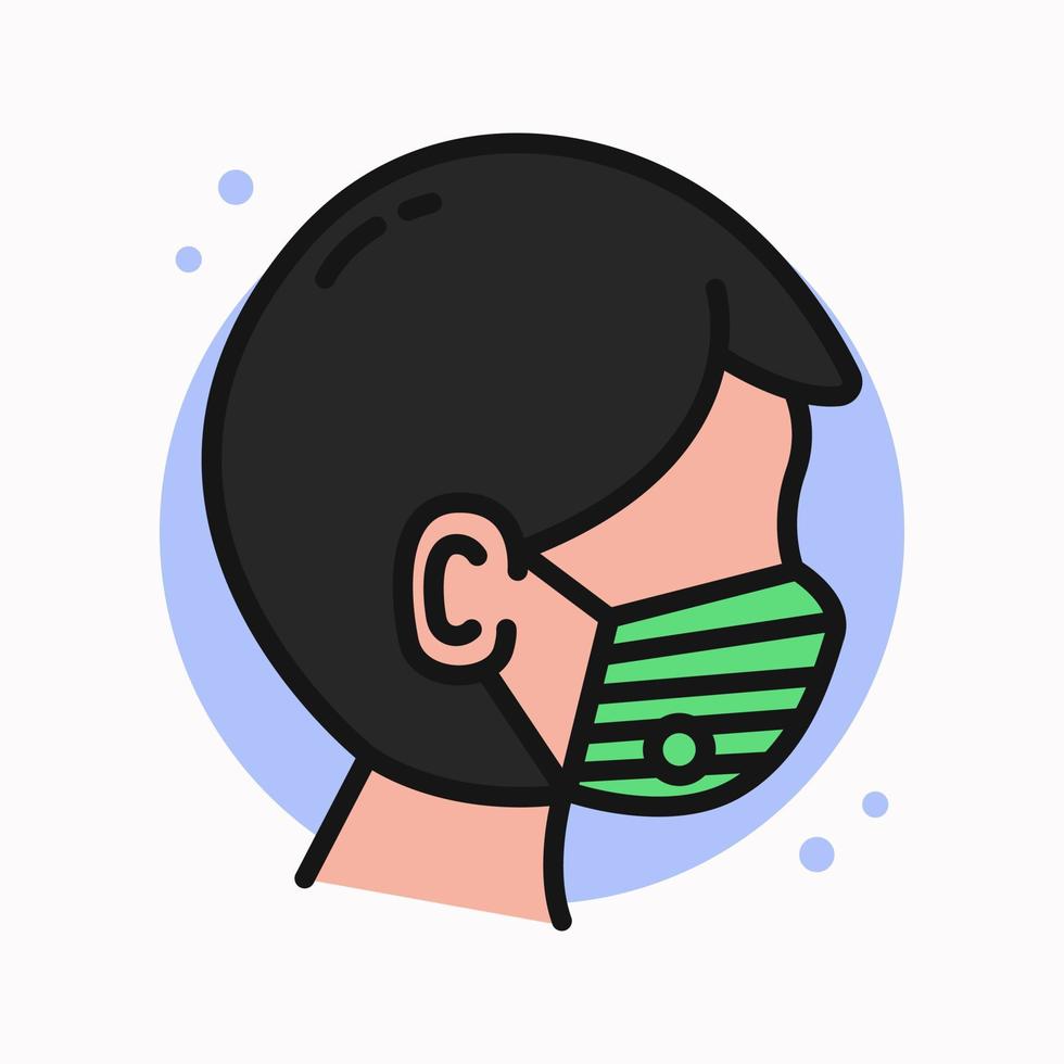 Warnung vor Viren- und Bakterien-Logo-Cartoon. Mann trägt medizinische Maske Symbol gefüllte Linie. Gesichtsmaske-Vektor-Illustration vektor