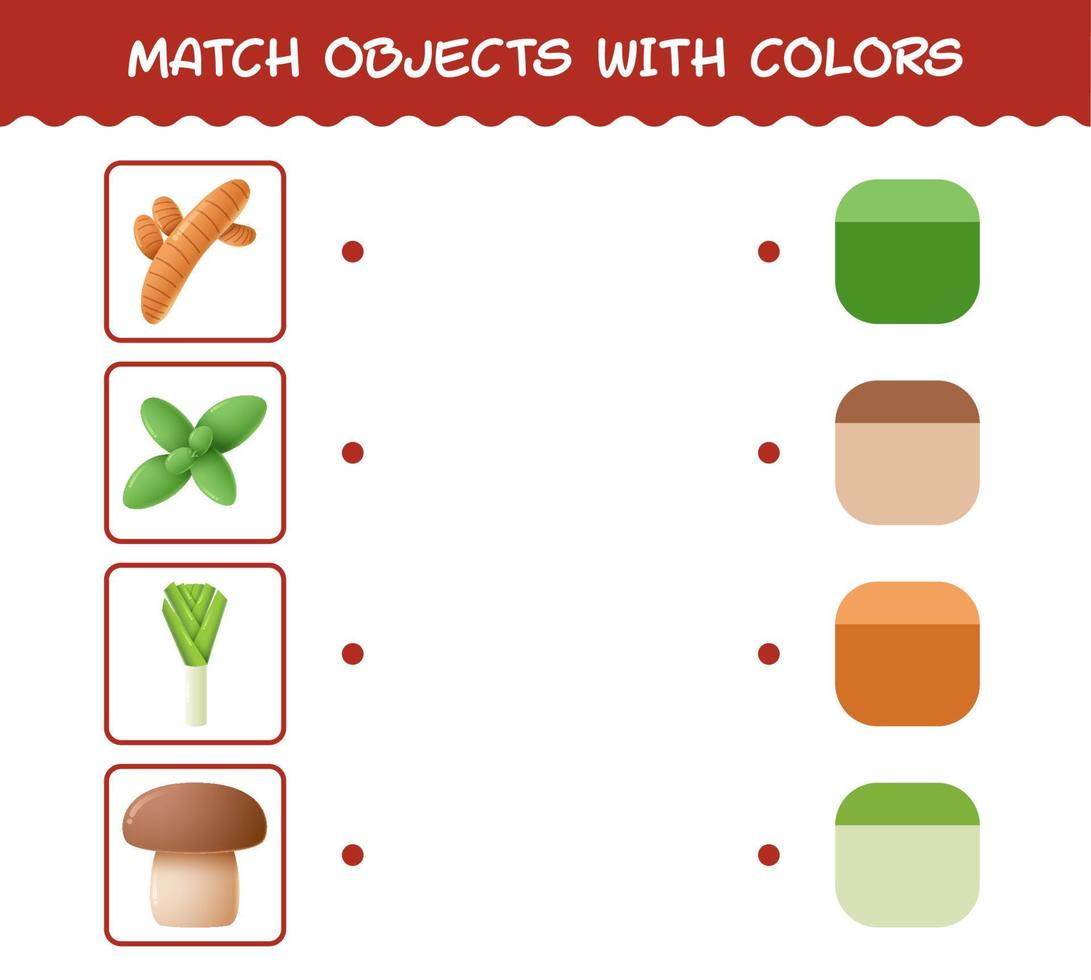 Match-Cartoon-Gemüse und Farben. Matching-Spiel. Lernspiel für Kinder und Kleinkinder im Vorschulalter vektor