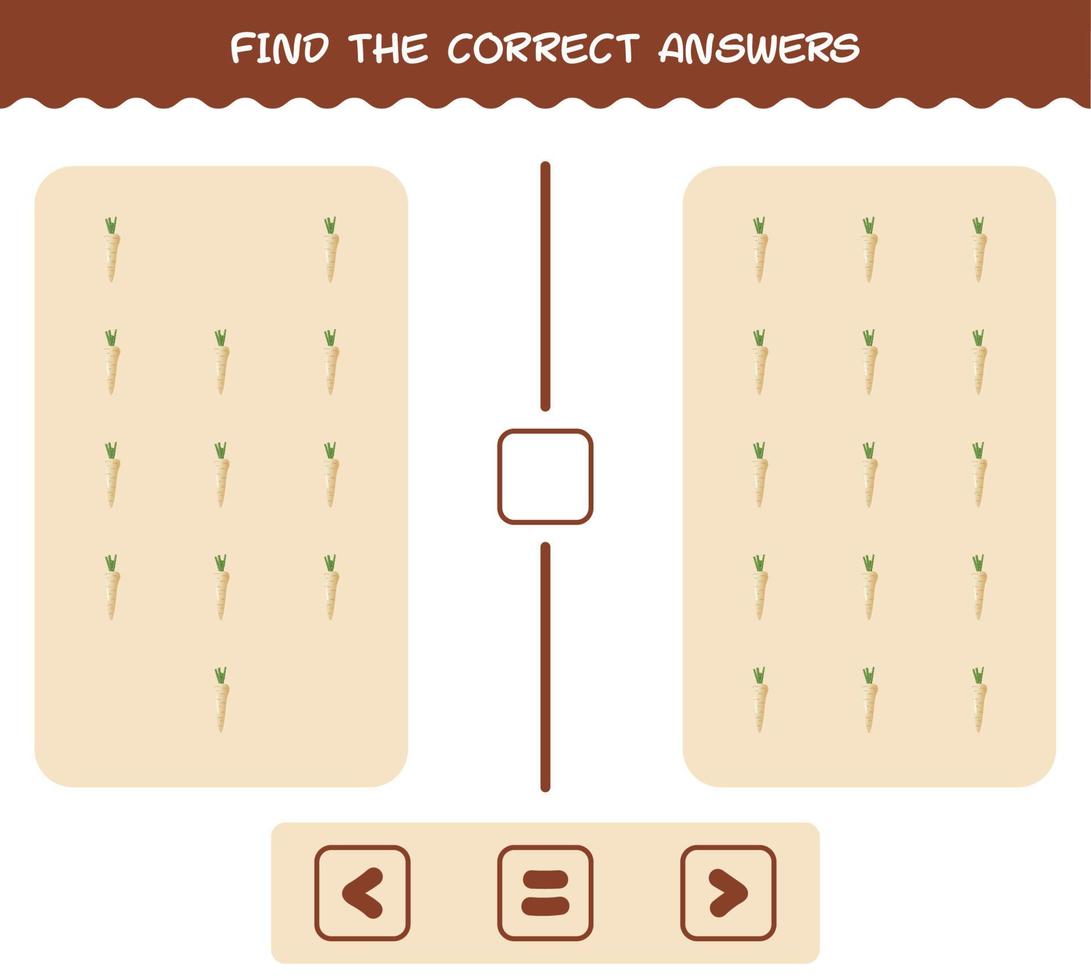 Finden Sie die richtigen Antworten von Cartoon Pastinaken. Such- und Zählspiel. Lernspiel für Kinder und Kleinkinder im Vorschulalter vektor