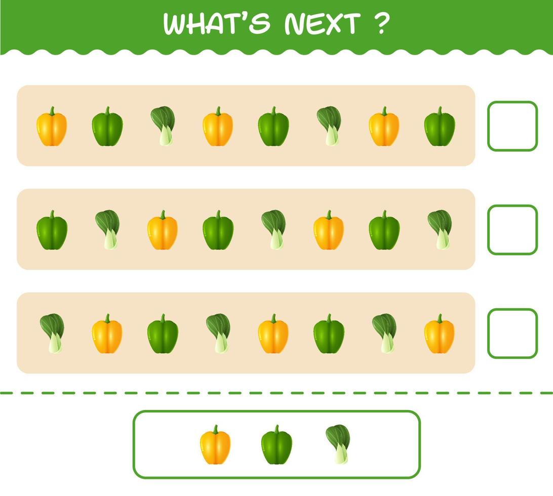 Was kommt als nächstes Lernspiel von Cartoon-Gemüse. Finden Sie die Regelmäßigkeit und fahren Sie mit der Zeilenaufgabe fort. Lernspiel für Kinder und Kleinkinder im Vorschulalter vektor